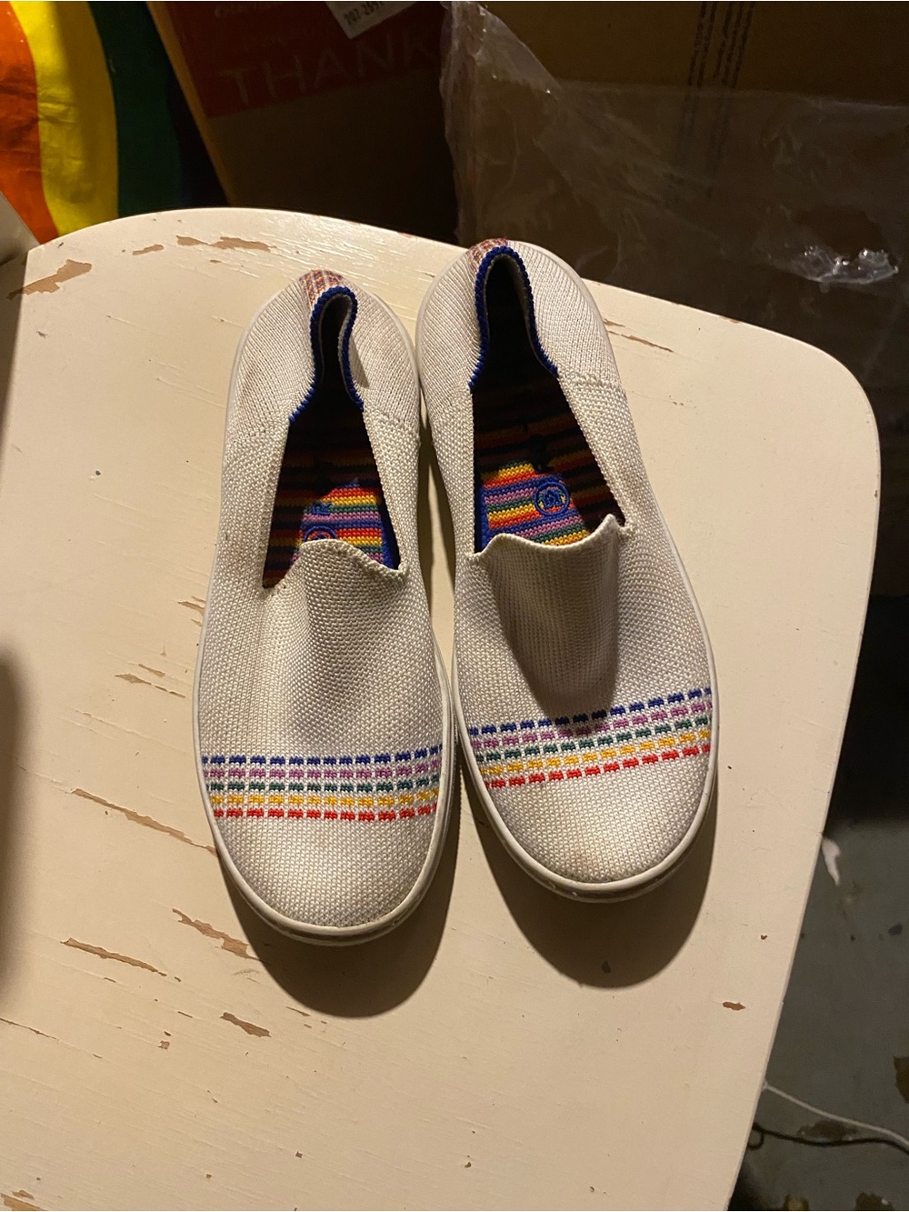 White Rothy’s  Sneakers with Rainbow Accent